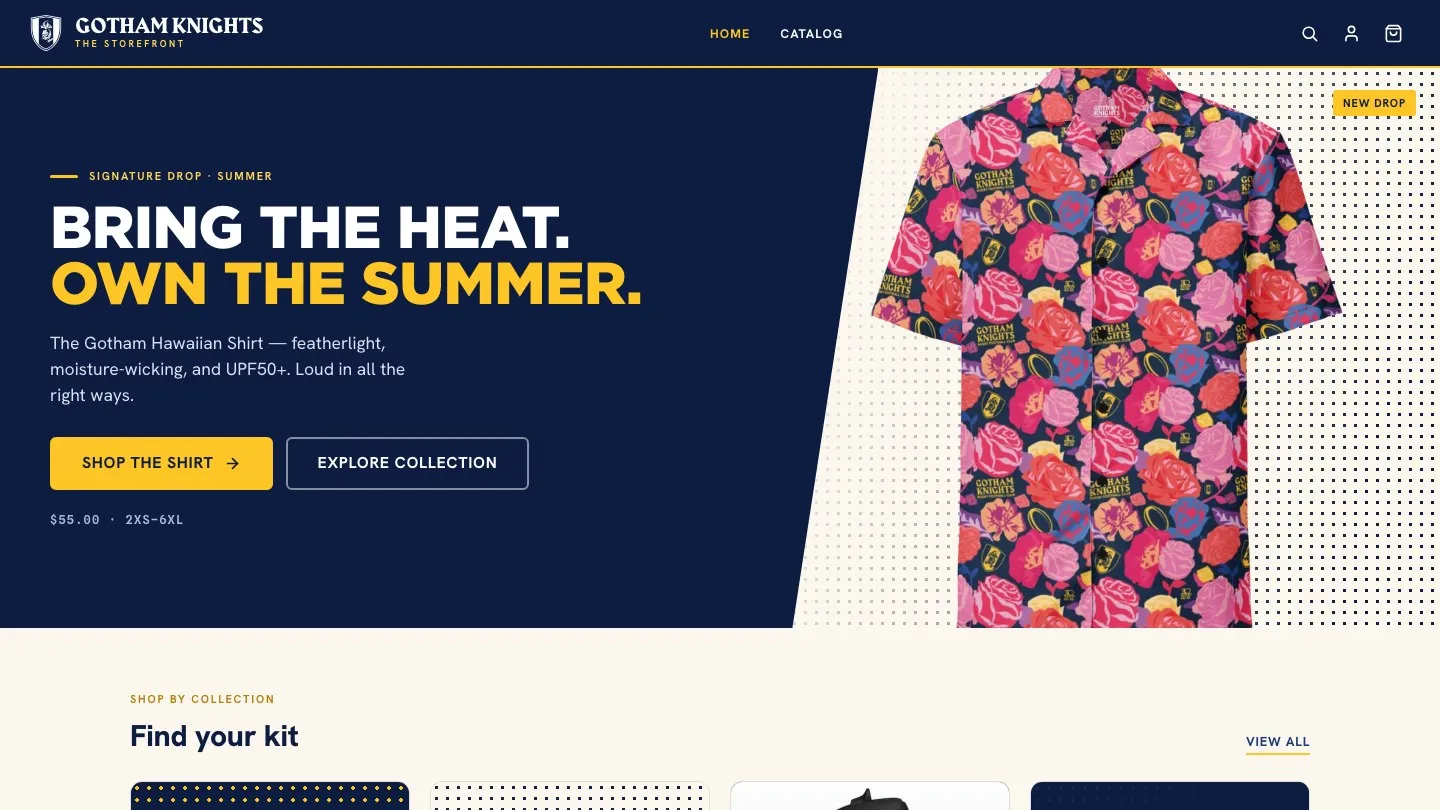 The Shopify storefront: navy hero with the Gotham Hawaiian shirt and gold calls to action